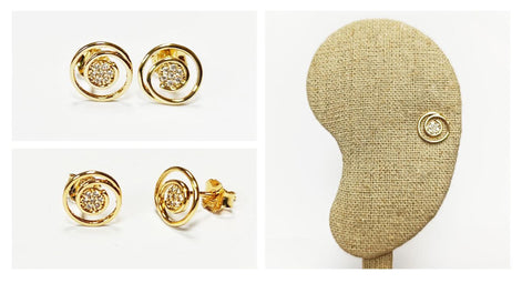 Golden Spiral Earrings, Genuine 18K Gold Plated, white Sparkling Cz stones, Coil Design Stud Earrings, Modern Swirl Loop Design Jewelry.
