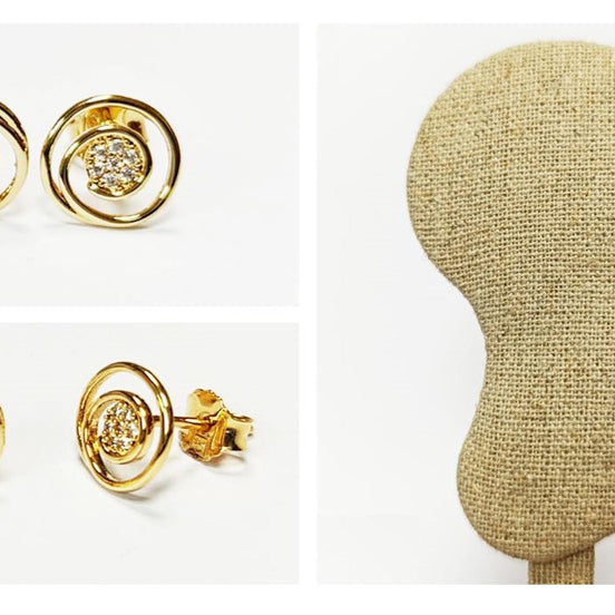 Golden Spiral Earrings, Genuine 18K Gold Plated, white Sparkling Cz stones, Coil Design Stud Earrings, Modern Swirl Loop Design Jewelry.