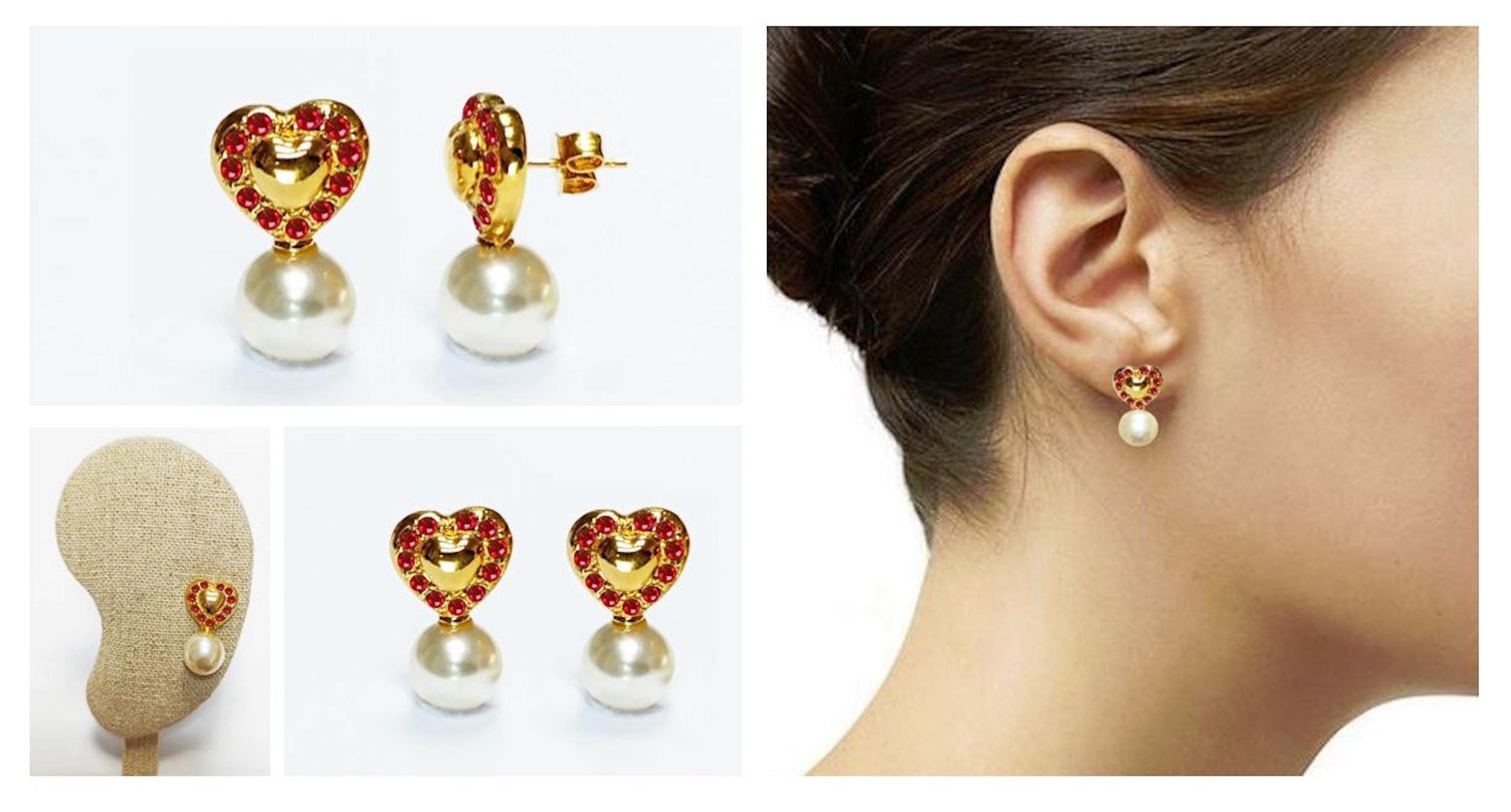 Gold Red Heart Pearl Drop Earrings by KRAMIKE • 18K Gold-Plated & Ruby Color Stones • Everyday Timeless Jewelry • Gift for Her • KR044