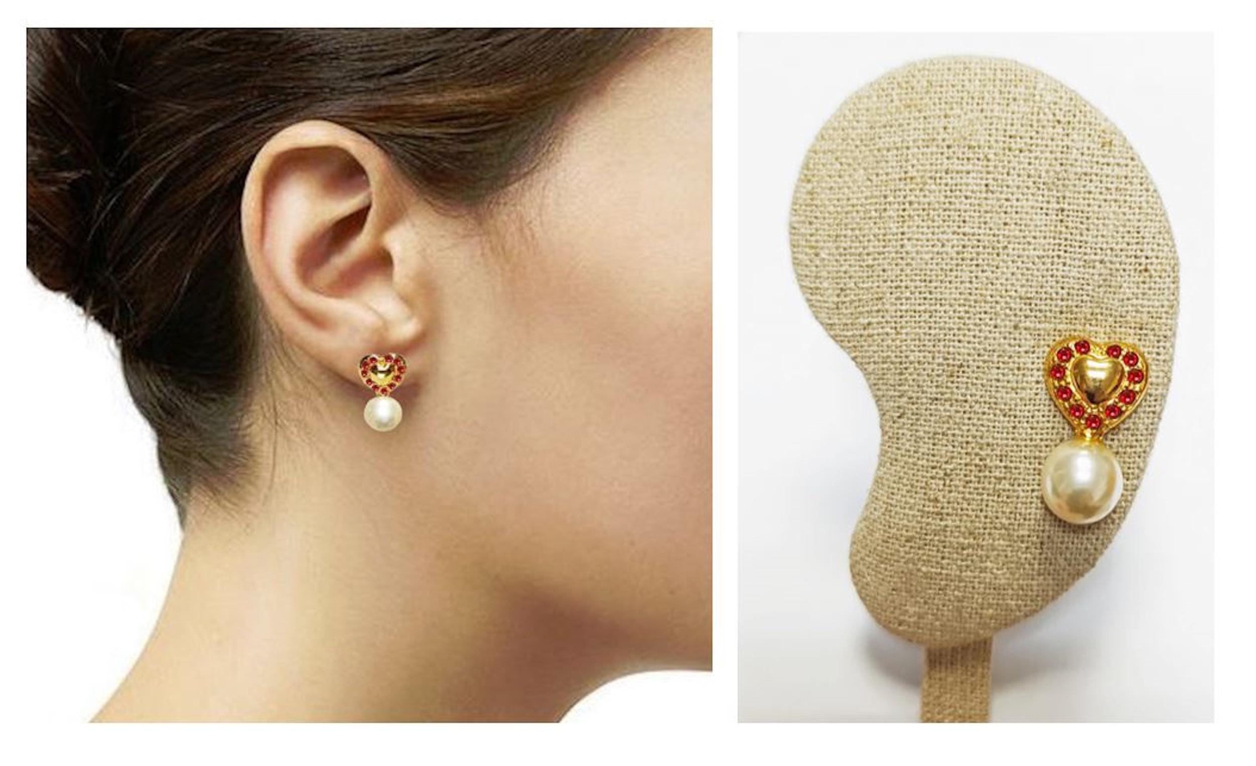 Gold Red Heart Pearl Drop Earrings by KRAMIKE • 18K Gold-Plated & Ruby Color Stones • Everyday Timeless Jewelry • Gift for Her • KR044