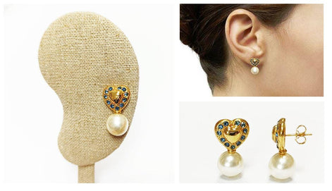 Gold Heart Pearl Drop Earrings by KRAMIKE • 18K Gold-Plated & Blue Sapphire Color Stones • Everyday Timeless Jewelry • Gift for Her • KR044
