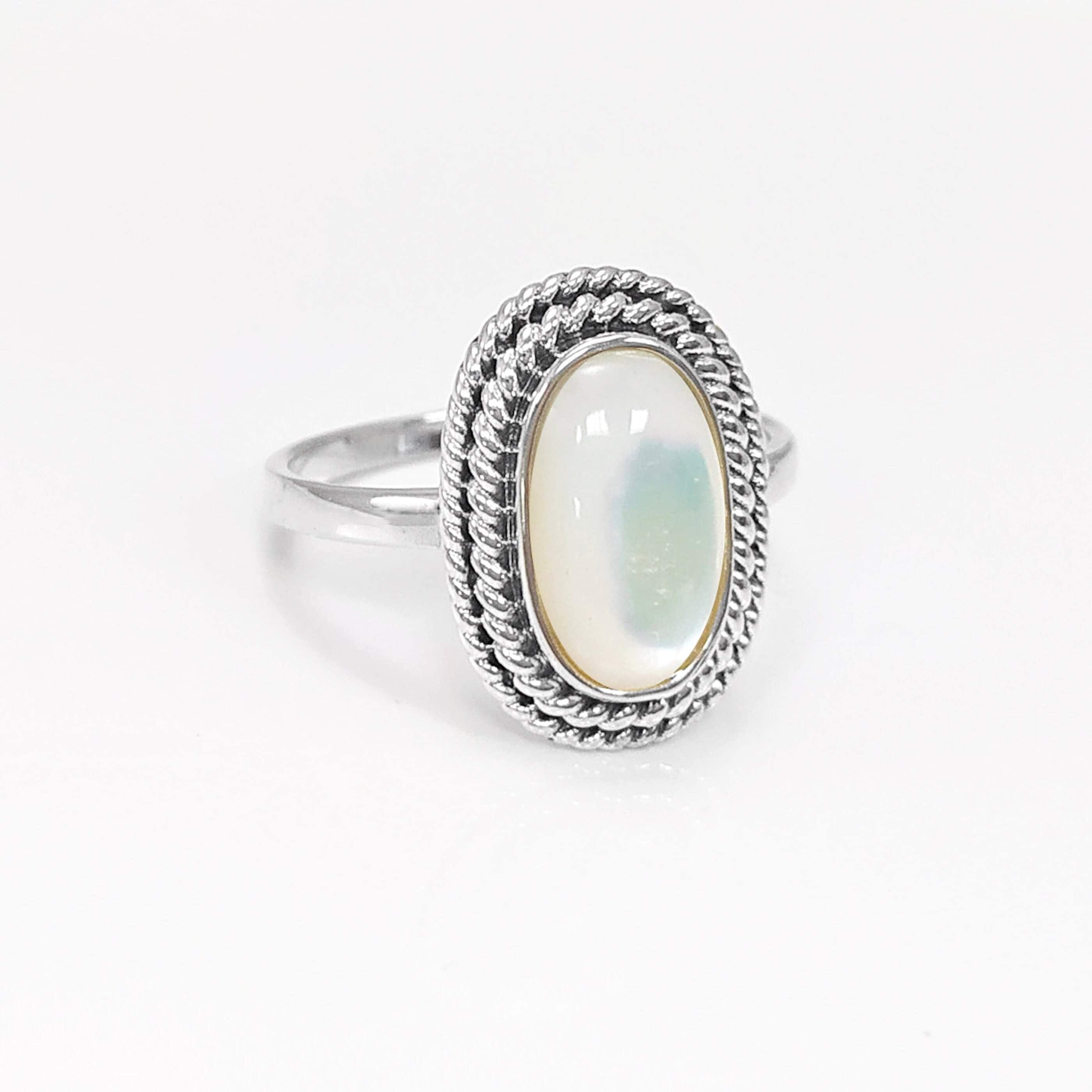 Sterling Silver Mother of Pearl Ring, Oval Boho Rope Border Jewelry