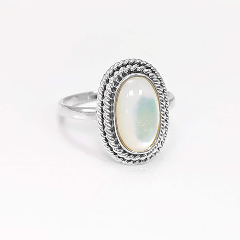 Sterling Silver Mother of Pearl Ring, Oval Boho Rope Border Jewelry