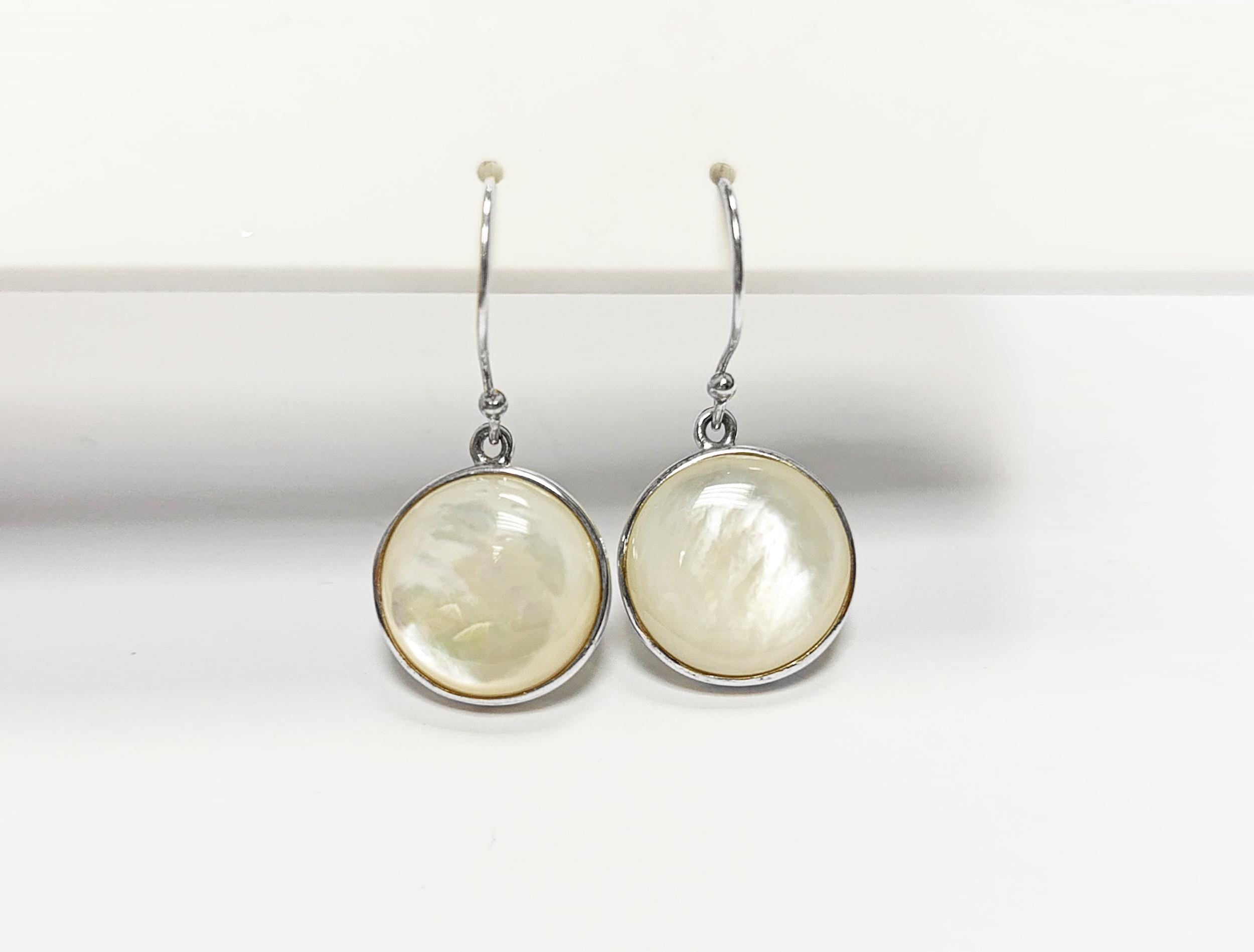 White Round Earrings, Sterling silver & MOP, Natural White Mother of Pearl Shell, Geometric Minimalist Design Stone Jewelry, Woman Gift