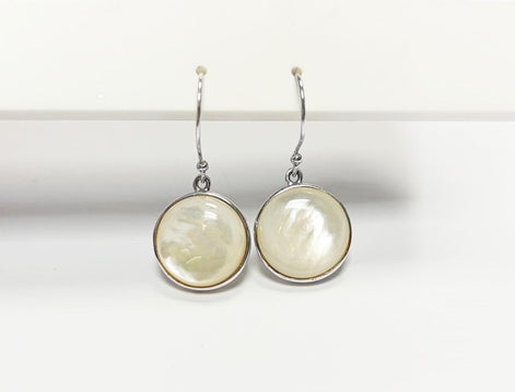 White Round Earrings, Sterling silver & MOP, Natural White Mother of Pearl Shell, Geometric Minimalist Design Stone Jewelry, Woman Gift