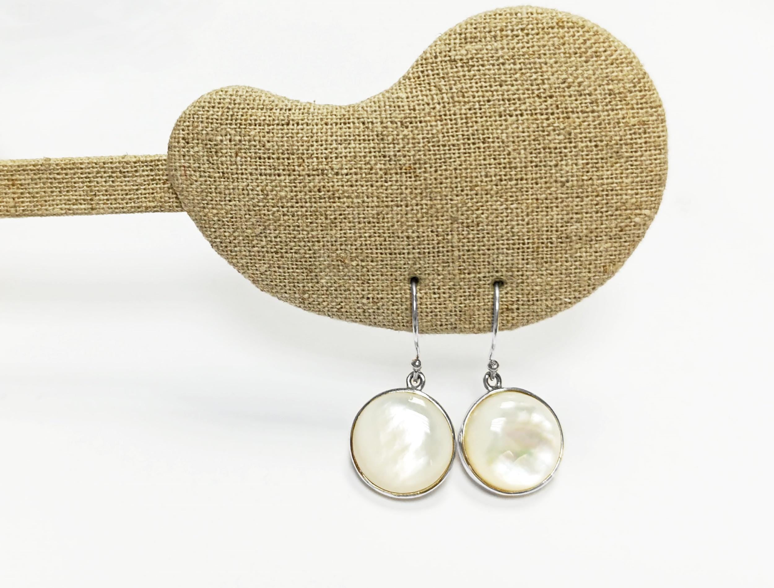 White Round Earrings, Sterling silver & MOP, Natural White Mother of Pearl Shell, Geometric Minimalist Design Stone Jewelry, Woman Gift