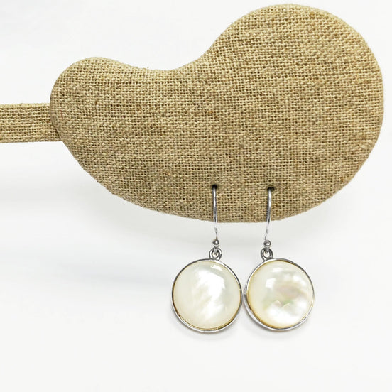 White Round Earrings, Sterling silver & MOP, Natural White Mother of Pearl Shell, Geometric Minimalist Design Stone Jewelry, Woman Gift