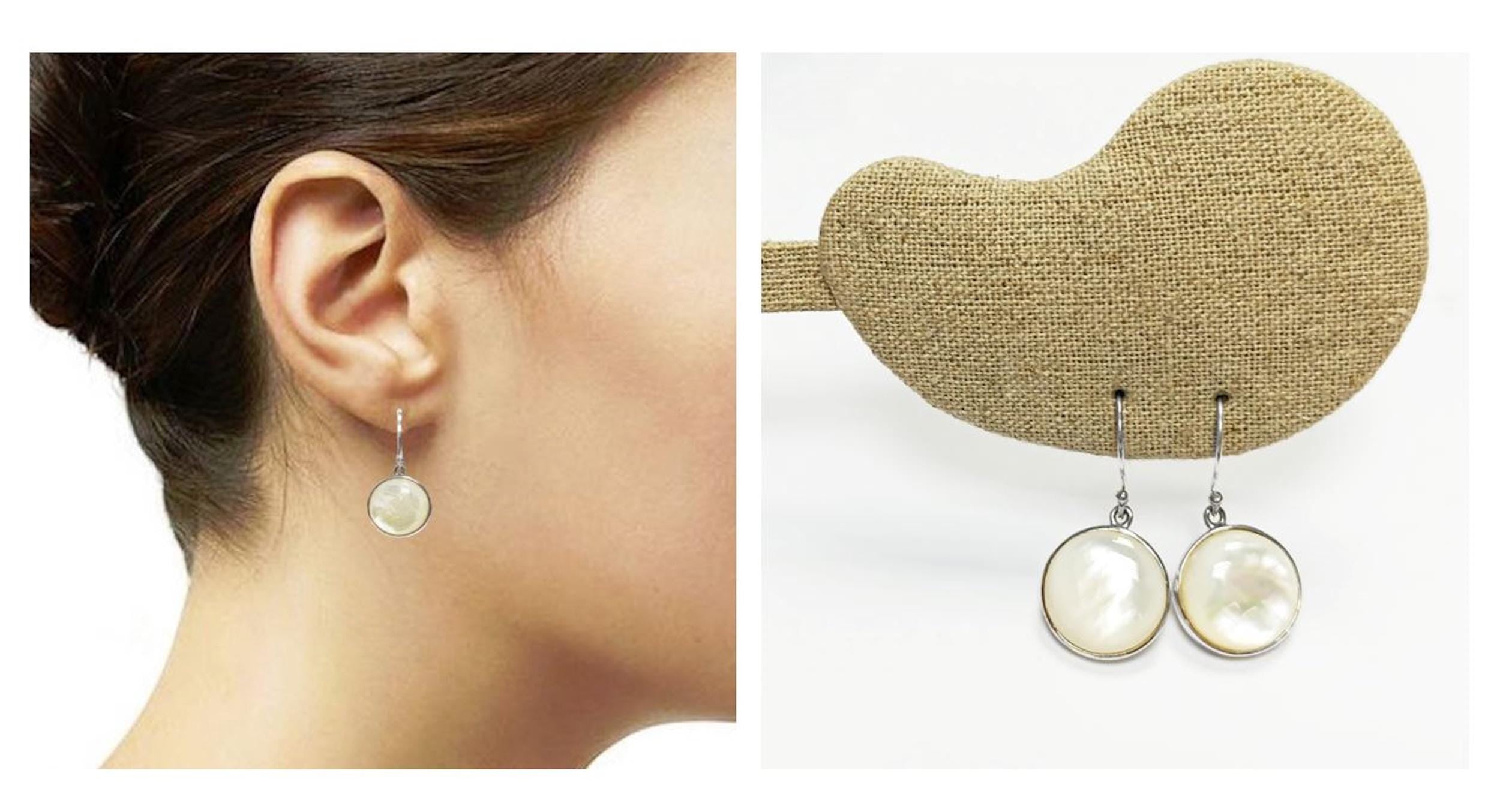 White Round Earrings, Sterling silver & MOP, Natural White Mother of Pearl Shell, Geometric Minimalist Design Stone Jewelry, Woman Gift