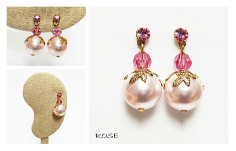 Pink Drop Pearl & Crystal Earrings by KRAMIKE • Rose Color Pearls • 18K Gold Plated Studs • Perfect for Special Occasions, Wedding, Party, a Gift for Her, and Everyday Wear
