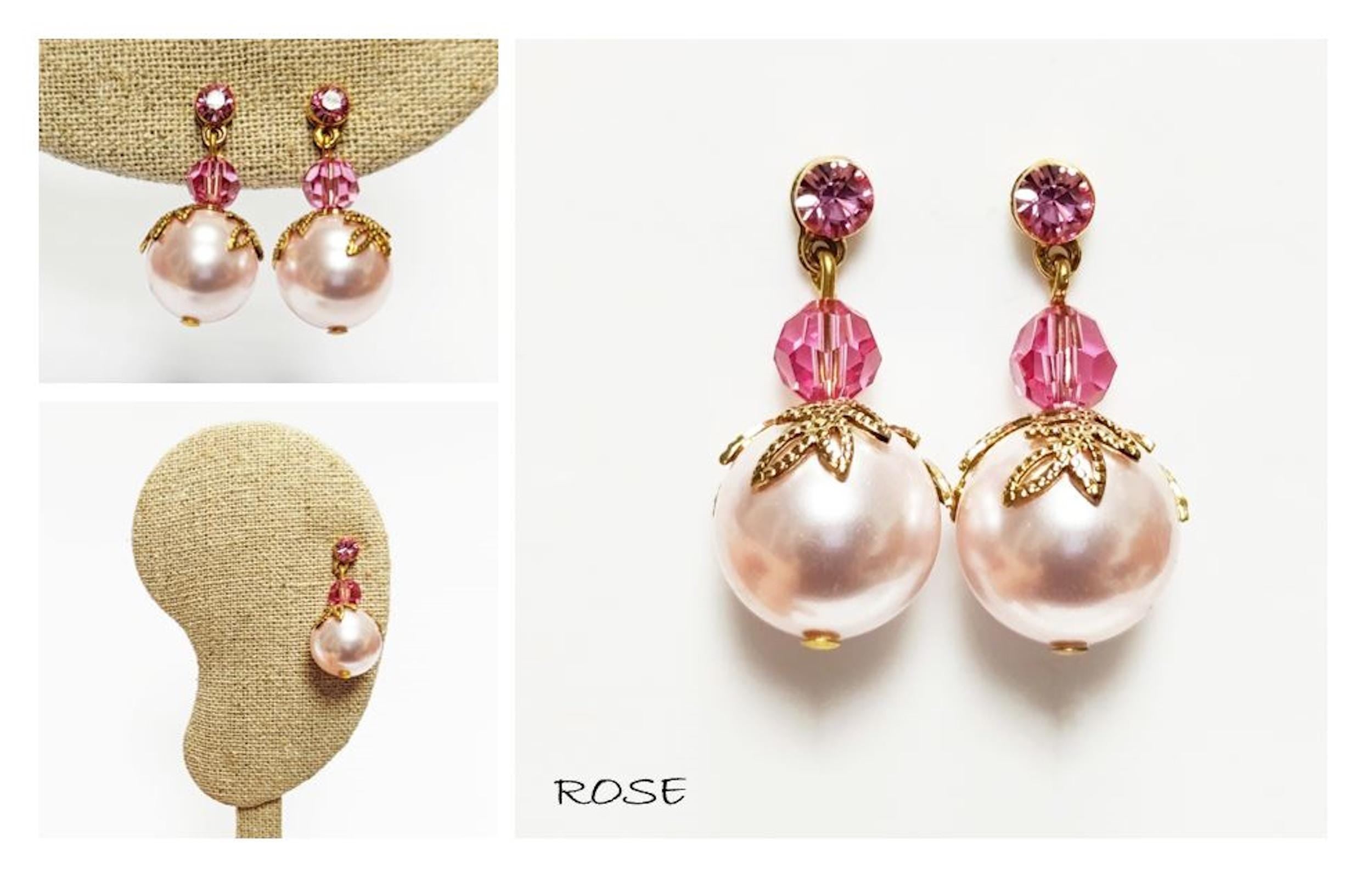 Pink Drop Pearl & Crystal Earrings by KRAMIKE • Rose Color Pearls • 18K Gold Plated Studs • • Perfect for Special Occasions, Wedding, Party, a Gift for Her, and Everyday Wear