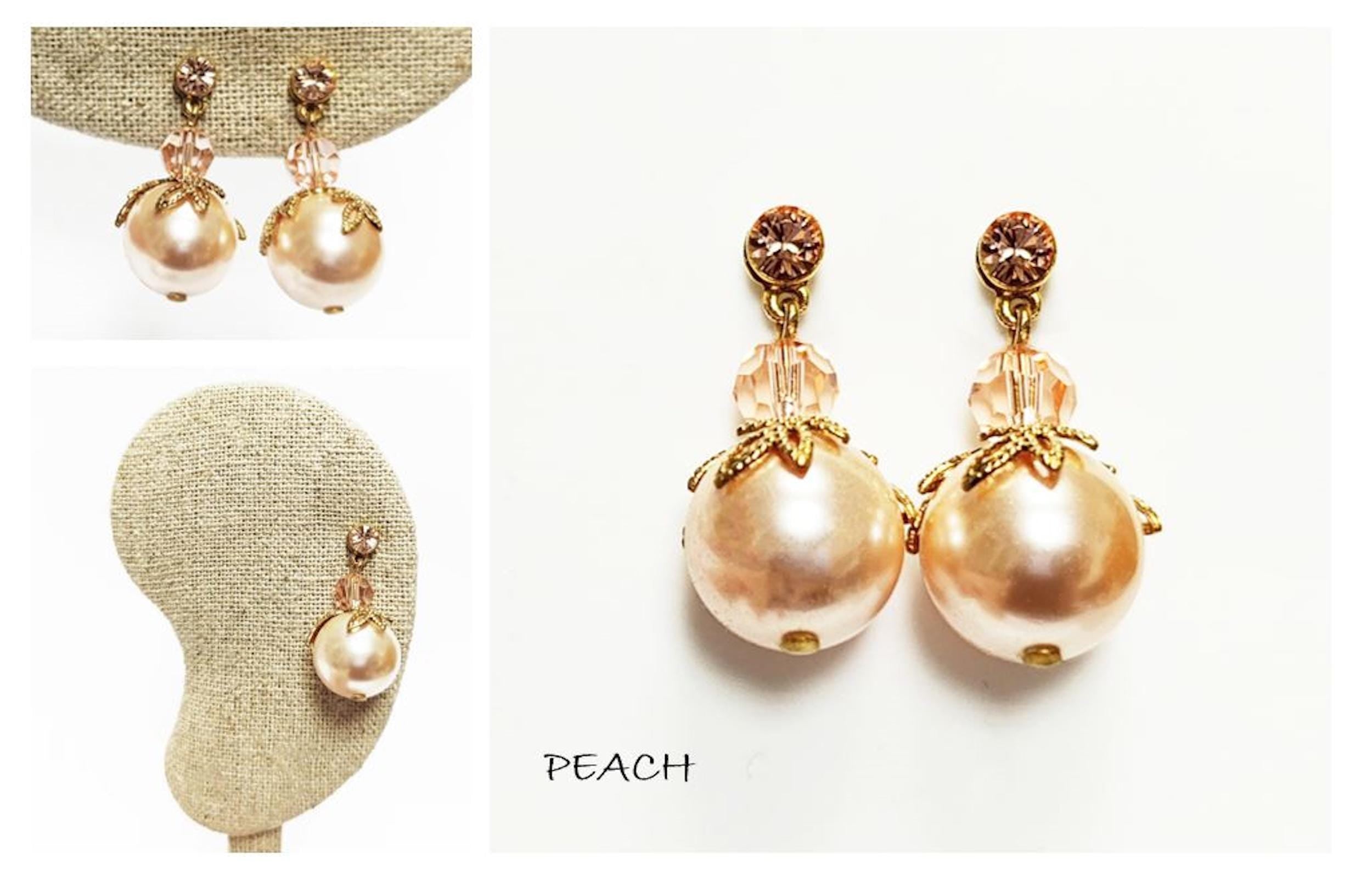 Peach Drop Pearl & Crystal Earrings by KRAMIKE • Apricot Color Pearls • 18K Gold Plated Studs • Perfect for Special Occasions, Wedding, Party, a Gift for Her, and Everyday Wear