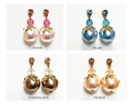 Elegant Pearl & Crystal Earrings by KRAMIKE • Available in Rose, Blue, Peach & Chocolate • Perfect for Special Occasions, Wedding, Party, a Gift for Her, and Everyday Wear