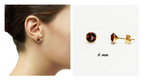 Garnet Stud Earrings by KRAMIKE • 18K Gold-Plated with Elegant Deep Red Cz Stone • Everyday Jewelry • Minimalist Bezel Setting Studs • KE077