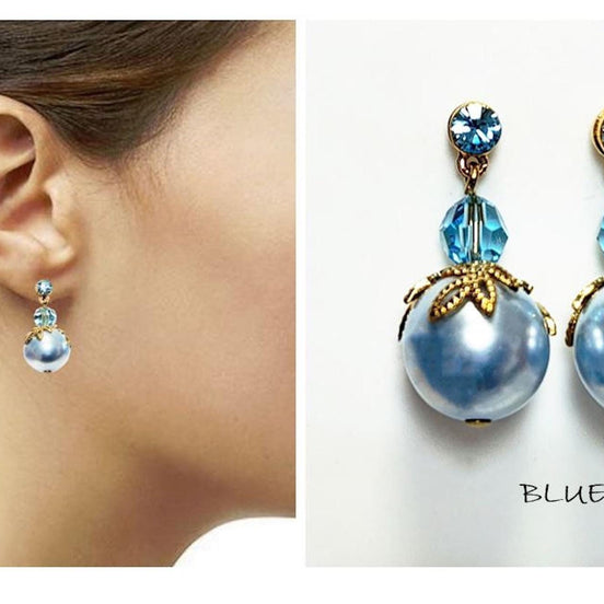 Blue Drop Pearl & Crystal Earrings by KRAMIKE • Azure Color Pearls • 18K Gold Plated Studs • Perfect for Special Occasions, Wedding, Party, a Gift for Her, and Everyday Wear