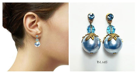Blue Drop Pearl & Crystal Earrings by KRAMIKE • Azure Color Pearls • 18K Gold Plated Studs • Perfect for Special Occasions, Wedding, Party, a Gift for Her, and Everyday Wear