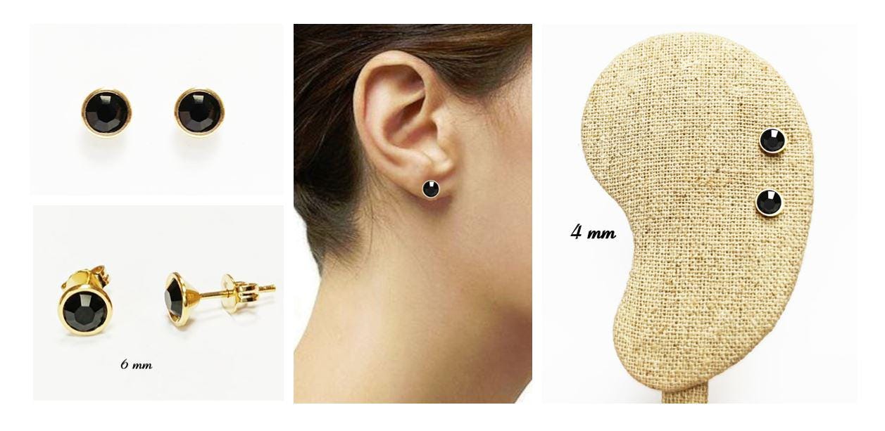 Gold Black Stud Earrings by KRAMIKE • 18K Gold-Plated Bezel Set • Elegant Timeless Minimalist Design Jewelry • Perfect Gift for Her • KE367