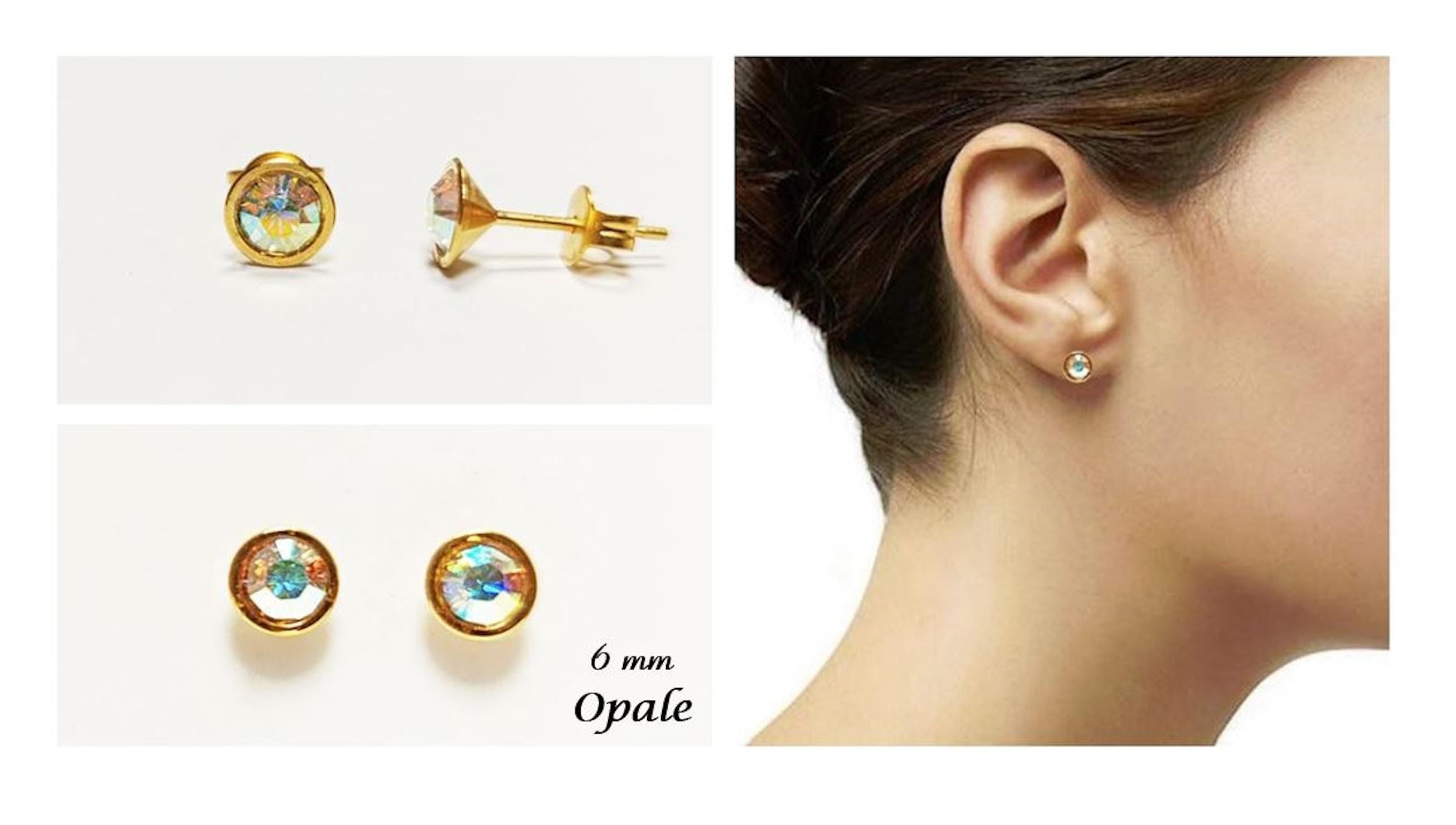 White Stone Stud Earrings • 18K Gold-Plated with Elegant Iridescent or Diamond White Cz 6mm Stone • Everyday Jewelry • Minimalist Studs