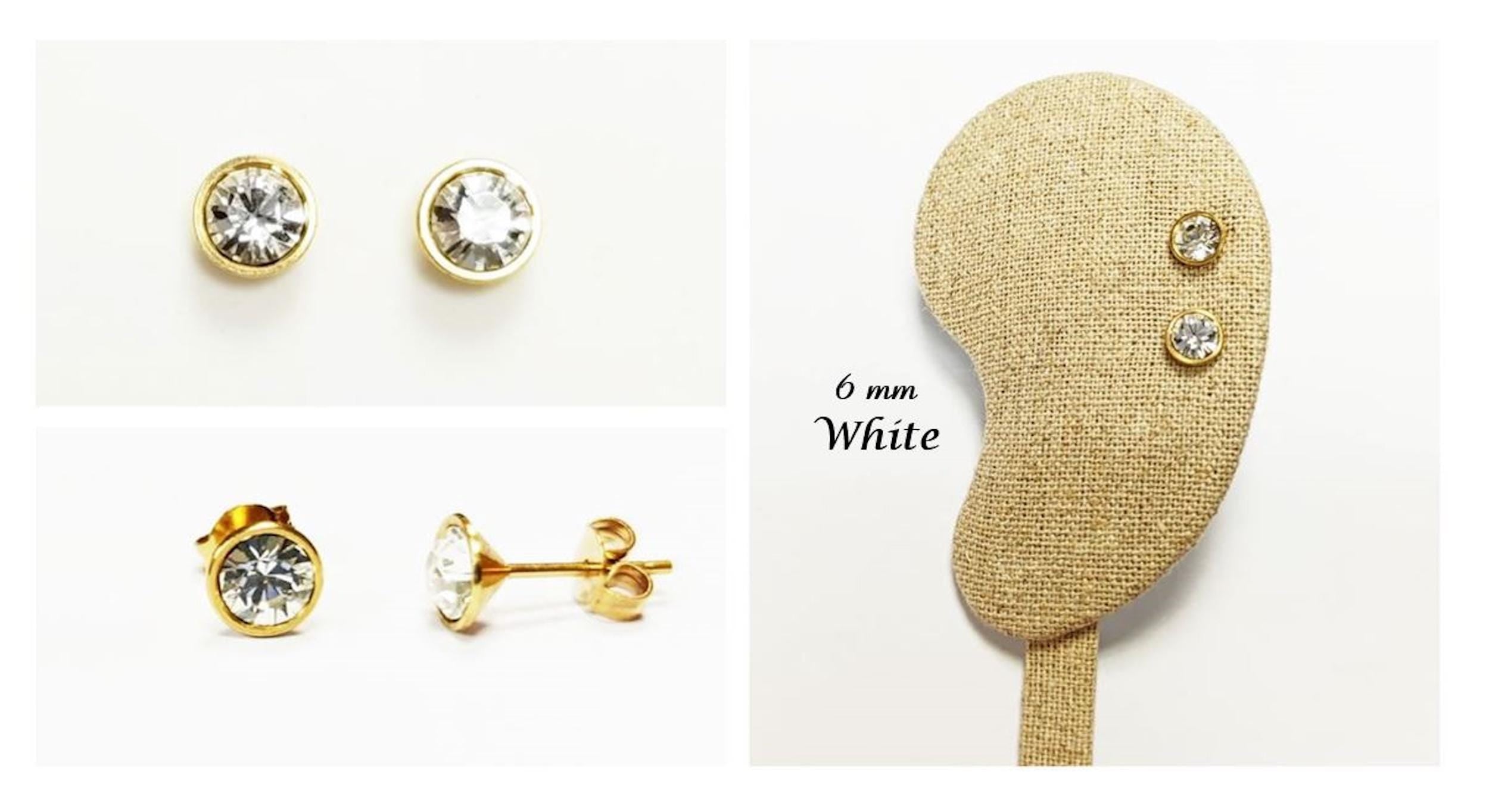White Stone Stud Earrings • 18K Gold-Plated with Elegant Iridescent or Diamond White Cz 6mm Stone • Everyday Jewelry • Minimalist Studs