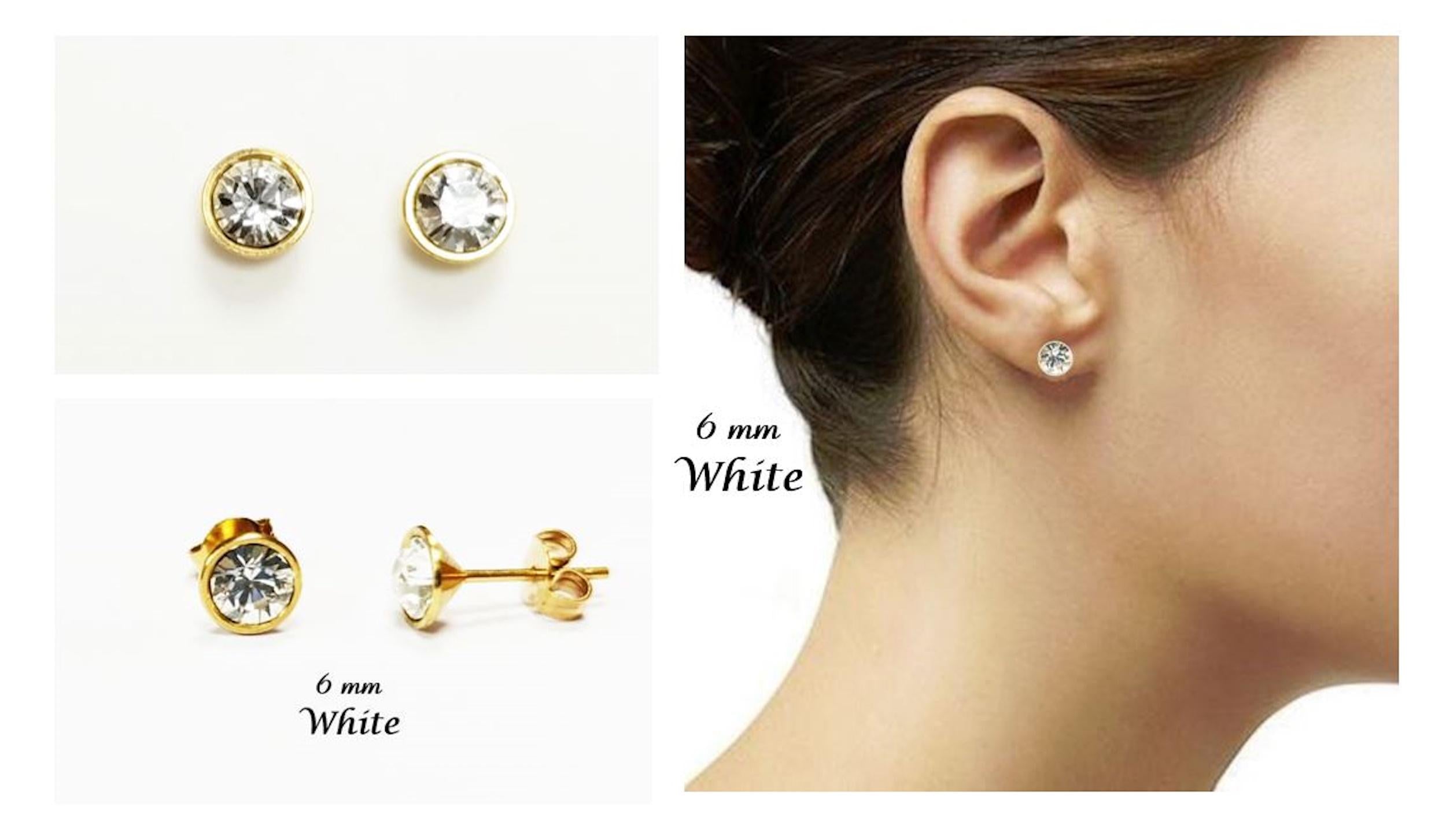 White Stone Stud Earrings • 18K Gold-Plated with Elegant Iridescent or Diamond White Cz 6mm Stone • Everyday Jewelry • Minimalist Studs