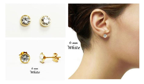 White Stone Stud Earrings • 18K Gold-Plated with Elegant Iridescent or Diamond White Cz 6mm Stone • Everyday Jewelry • Minimalist Studs
