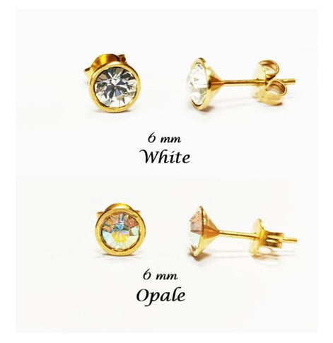 White Stone Stud Earrings • 18K Gold-Plated with Elegant Iridescent or Diamond White Cz 6mm Stone • Everyday Jewelry • Minimalist Studs