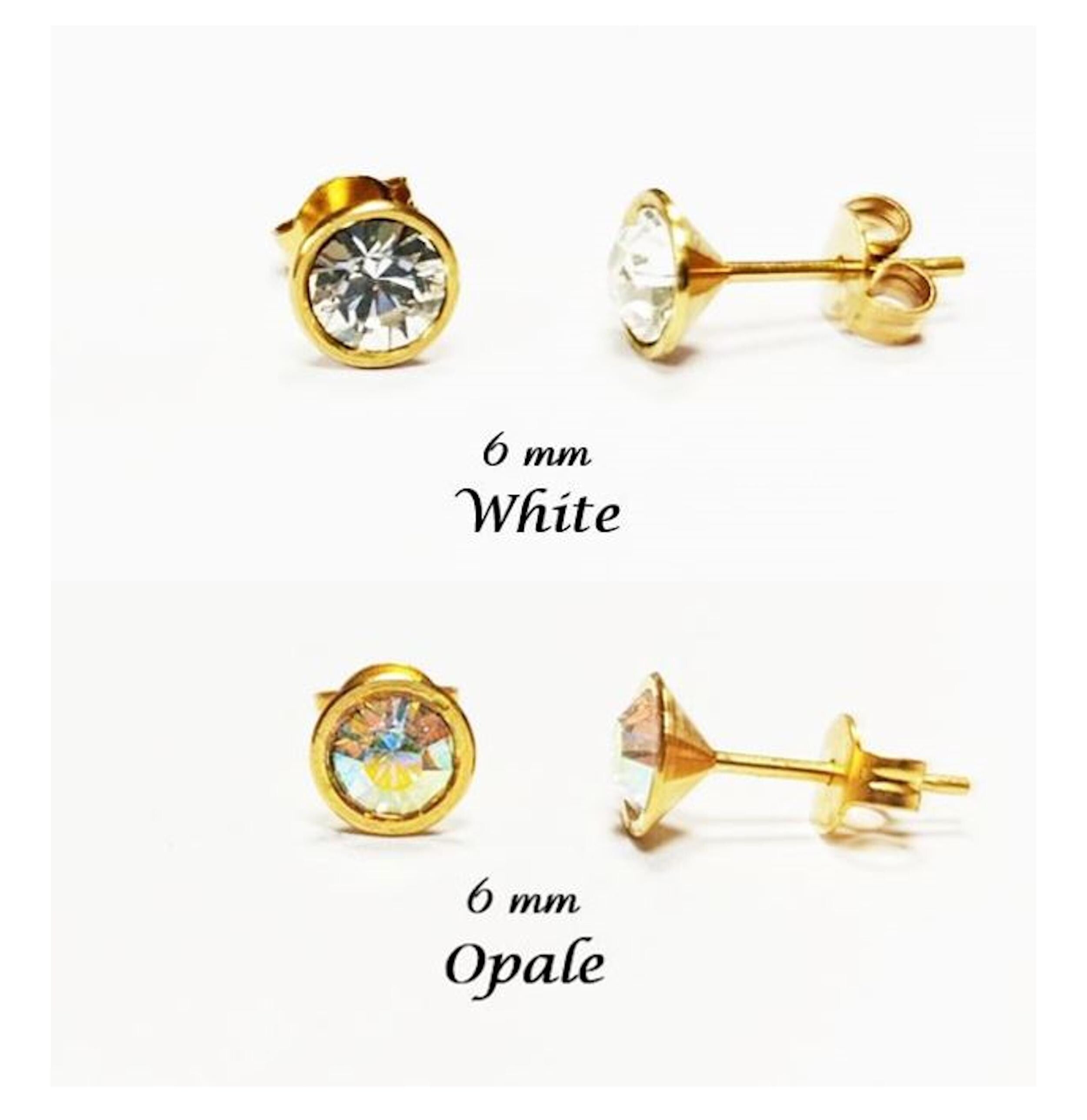 White Stone Stud Earrings • 18K Gold-Plated with Elegant Iridescent or Diamond White Cz 6mm Stone • Everyday Jewelry • Minimalist Studs