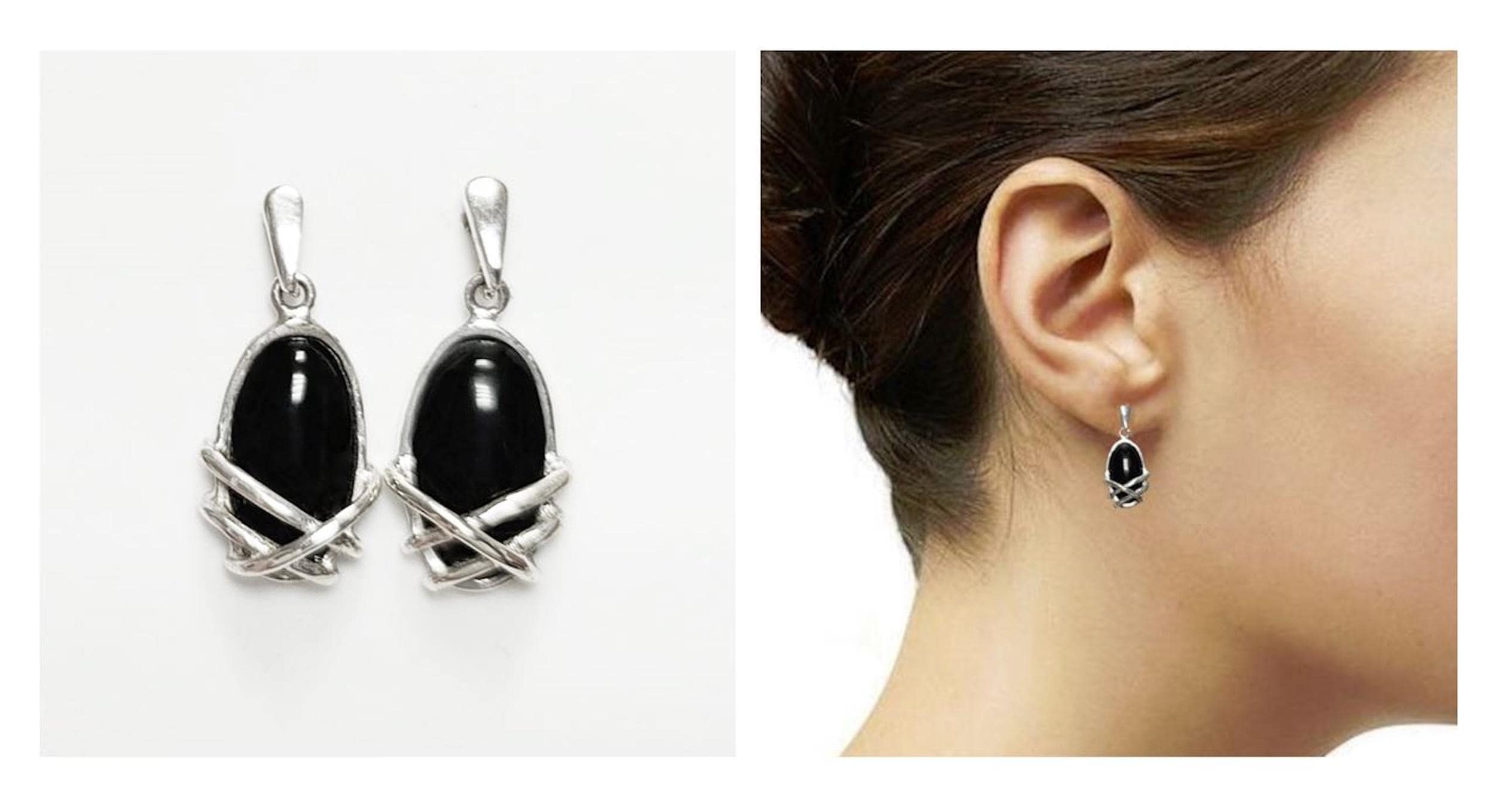 Black Onyx Dangle Earrings • Sterling Silver Wrapped Cage Setting • Minimalist and Modern Jewelry for a Everyday Look • Perfect Gift for Her