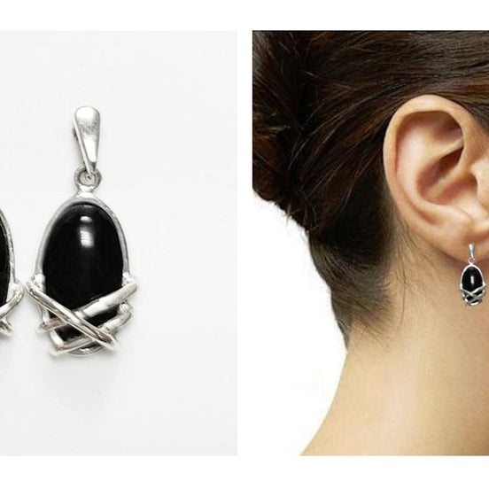Black Onyx Dangle Earrings • Sterling Silver Wrapped Cage Setting • Minimalist and Modern Jewelry for a Everyday Look • Perfect Gift for Her