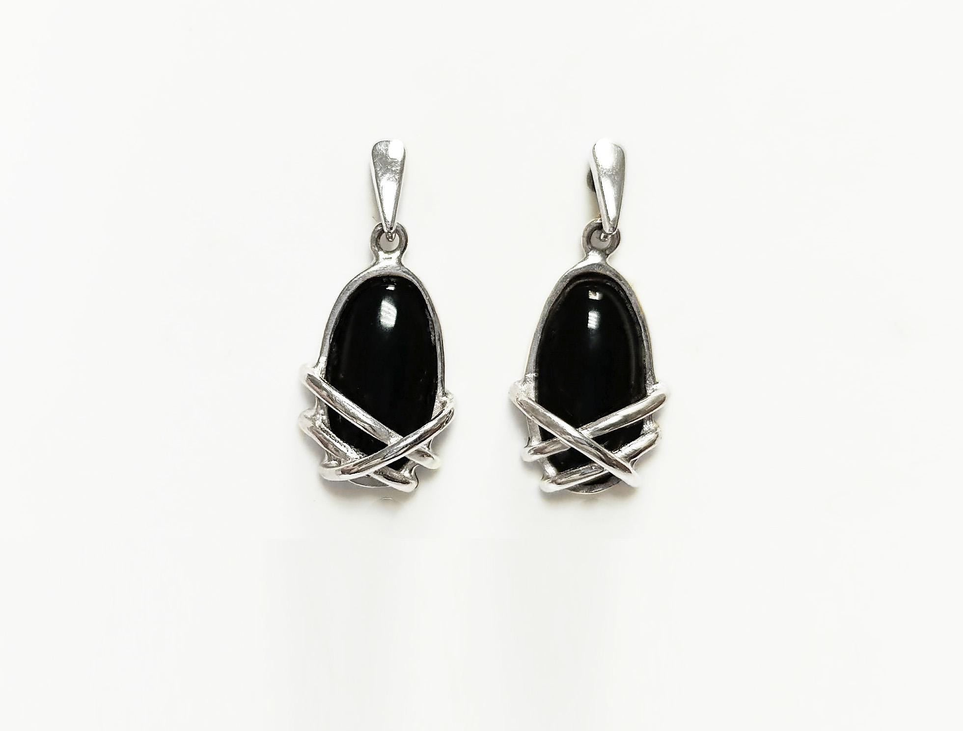Black Onyx Dangle Earrings • Sterling Silver Wrapped Cage Setting • Minimalist and Modern Jewelry for a Everyday Look • Perfect Gift for Her