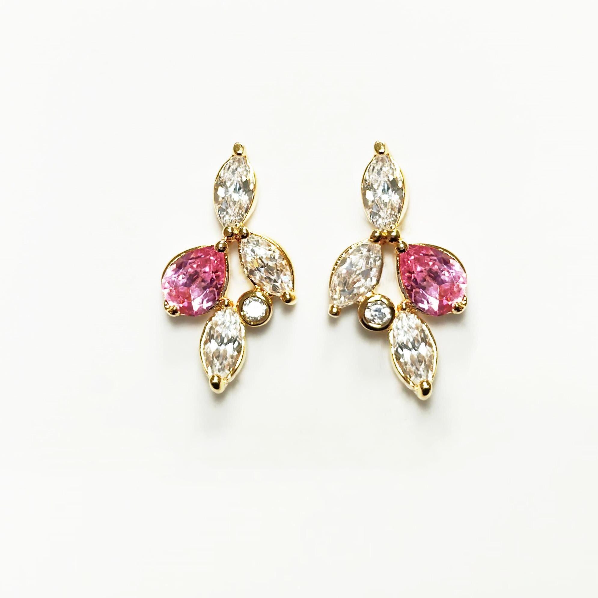Gold-Plated Floral Earrings • Pink & Clear CZ Stones • Bridal Statement Jewelry