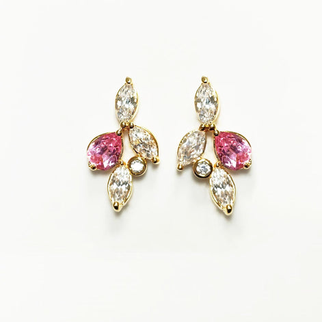 Gold-Plated Floral Earrings • Pink & Clear CZ Stones • Bridal Statement Jewelry