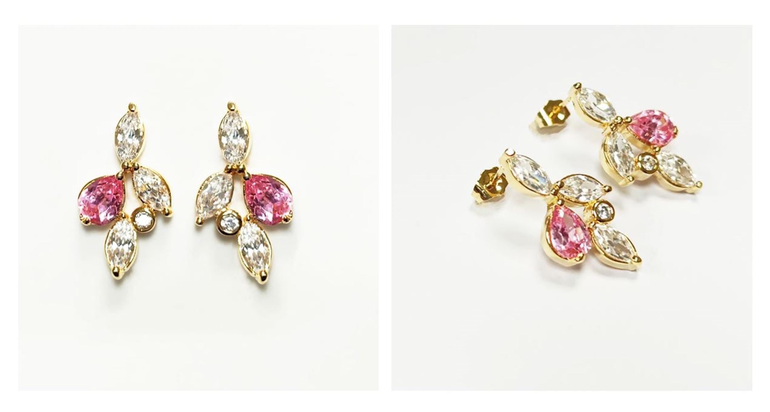 Gold-Plated Floral Earrings • Pink & Clear CZ Stones • Bridal Statement Jewelry