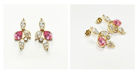 Gold-Plated Floral Earrings • Pink & Clear CZ Stones • Bridal Statement Jewelry