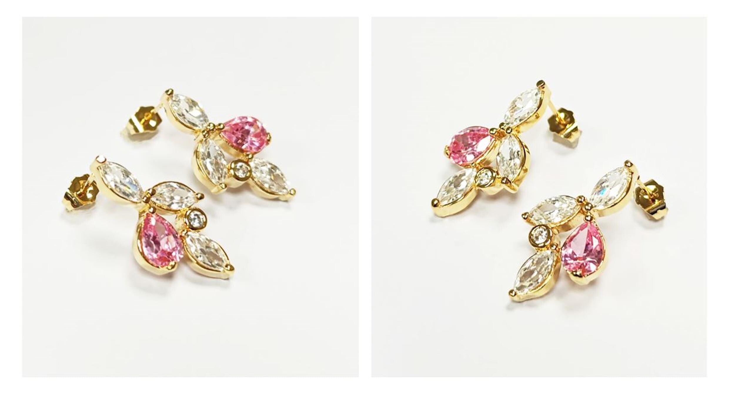 Gold-Plated Floral Earrings • Pink & Clear CZ Stones • Bridal Statement Jewelry