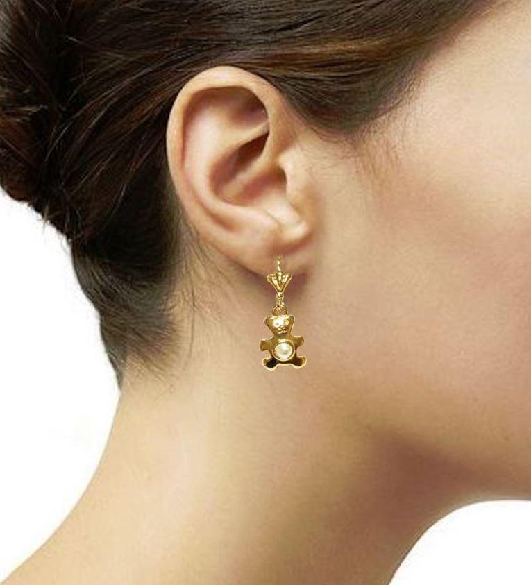 Teddy Bear Earrings by KRAMIKE • Gold-Plated Lever Back with Pearl • Fun and Stylish Jewelry • Unique Gift Idea for Girls or Women • KE034