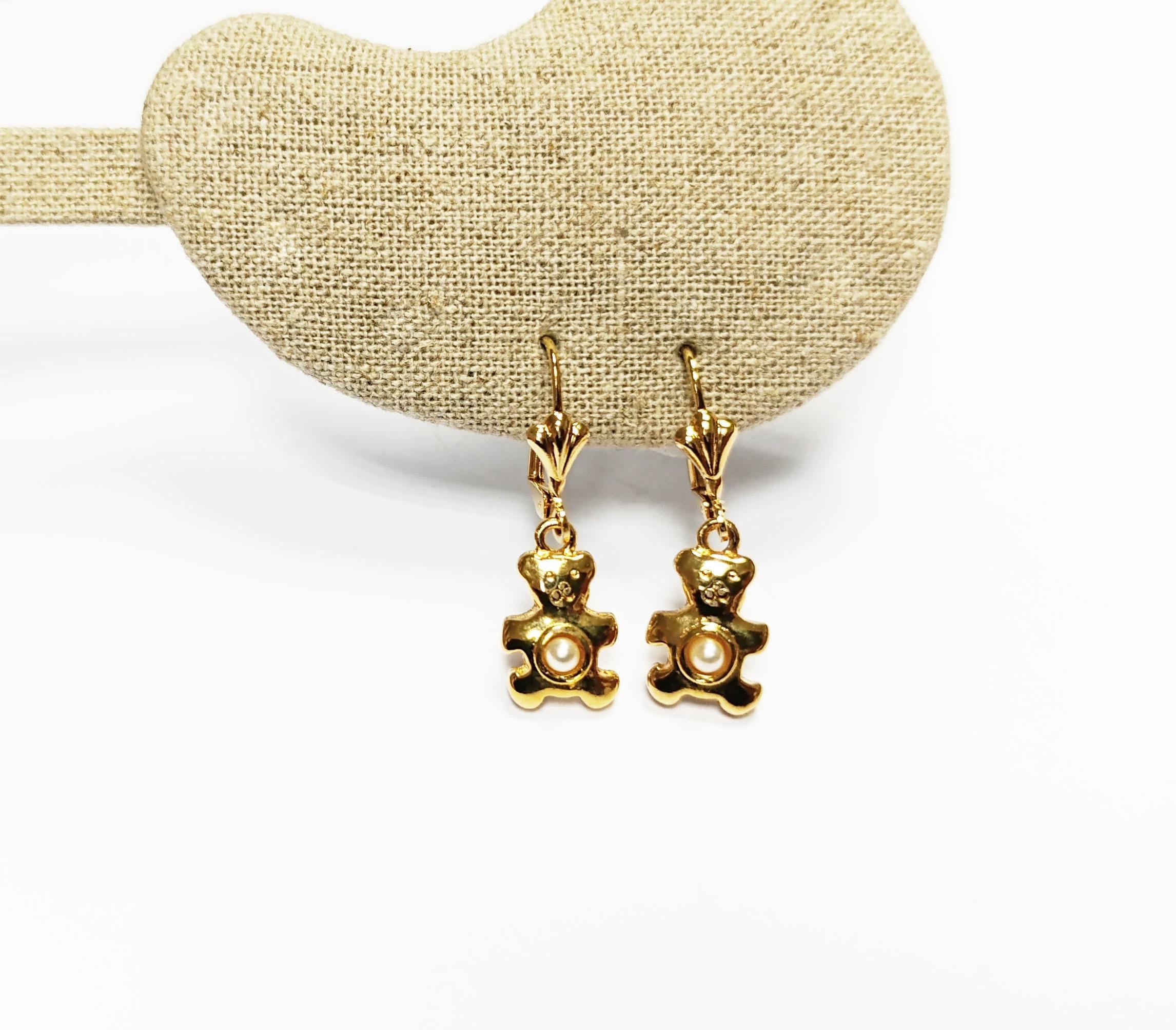 Teddy Bear Earrings by KRAMIKE • Gold-Plated Lever Back with Pearl • Fun and Stylish Jewelry • Unique Gift Idea for Girls or Women • KE034
