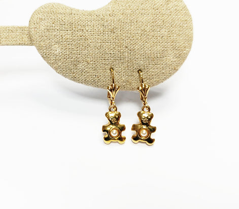 Teddy Bear Earrings by KRAMIKE • Gold-Plated Lever Back with Pearl • Fun and Stylish Jewelry • Unique Gift Idea for Girls or Women • KE034