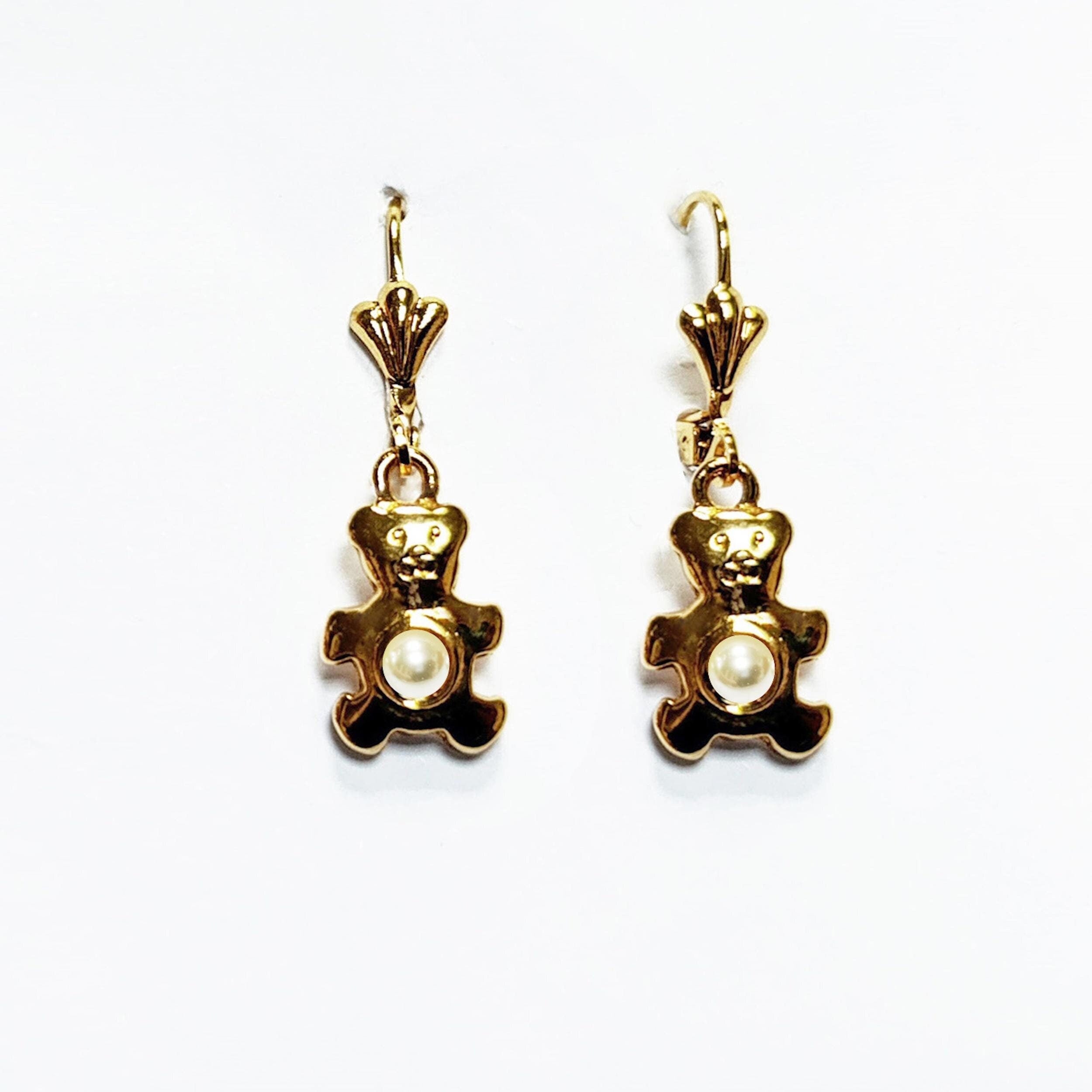 Teddy Bear Earrings by KRAMIKE • Gold-Plated Lever Back with Pearl • Fun and Stylish Jewelry • Unique Gift Idea for Girls or Women • KE034
