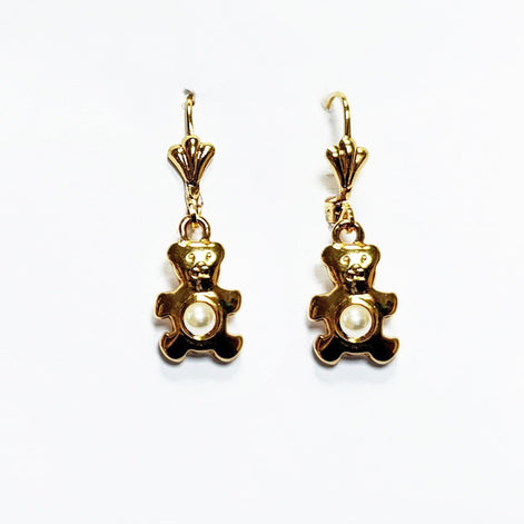 Teddy Bear Earrings by KRAMIKE • Gold-Plated Lever Back with Pearl • Fun and Stylish Jewelry • Unique Gift Idea for Girls or Women • KE034