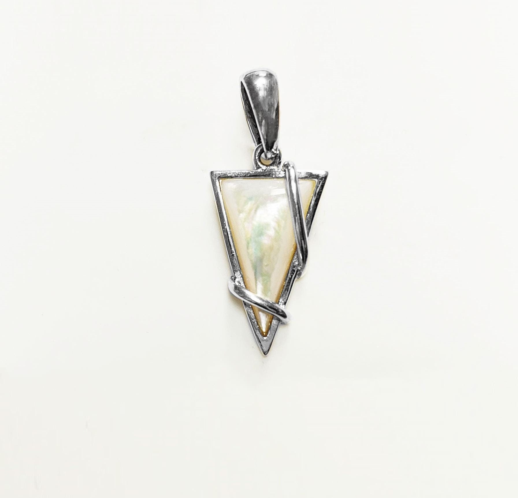 White Triangle Pendant, Sterling Silver, GENUINE White Mother of Pearl Shell, Geometric Style Necklace, Modern Jewelry