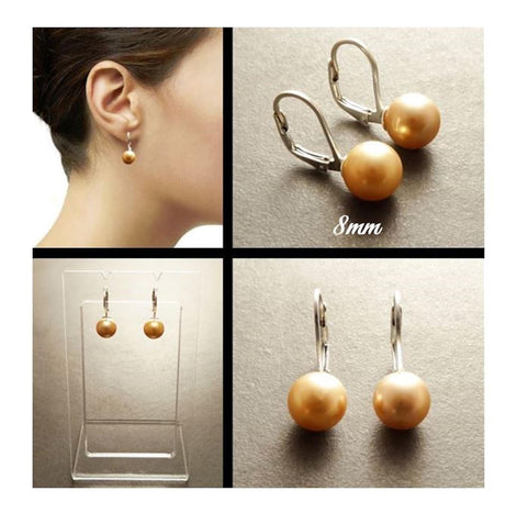 Classic Gold Pearl Drop Earrings by KRAMIKE • Timeless Sterling Silver Leverback 6 to 14mm Pearls • Ideal for Wedding or Everyday Wear