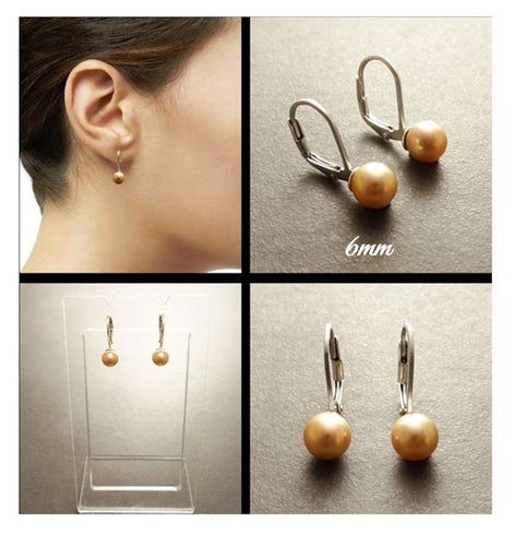 Classic Gold Pearl Drop Earrings by KRAMIKE • Timeless Sterling Silver Leverback 6 to 14mm Pearls • Ideal for Wedding or Everyday Wear