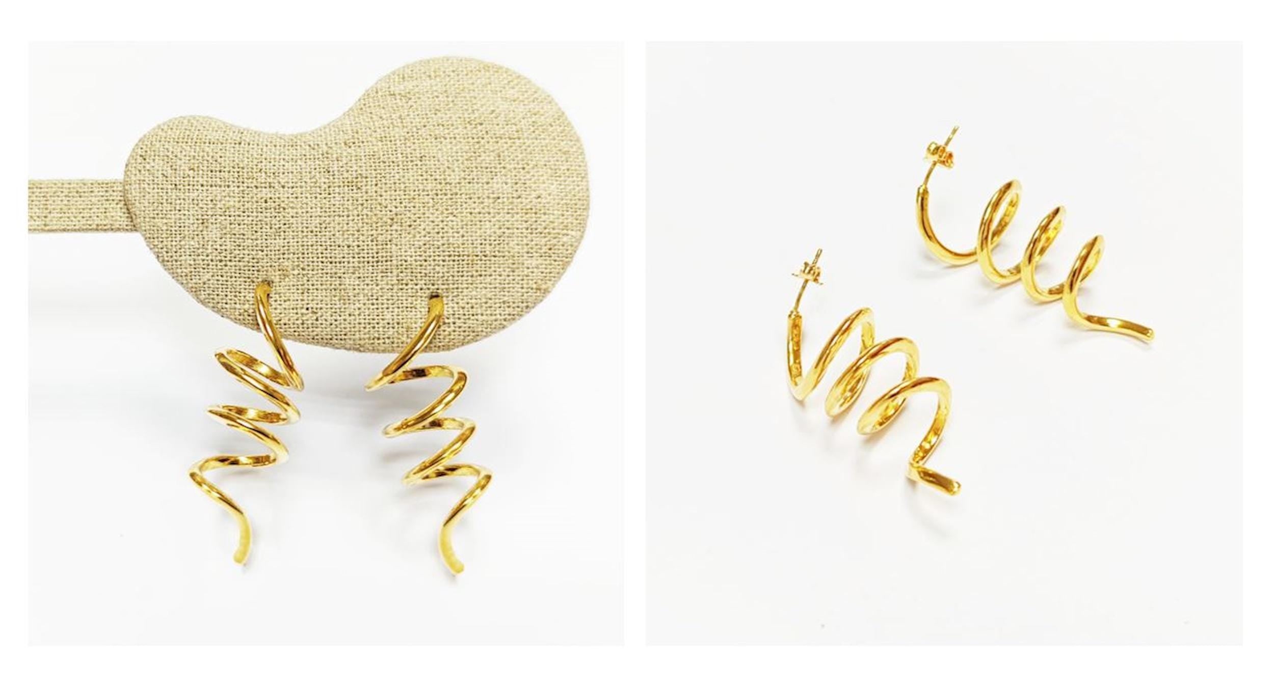Drop Spiral earrings golden with 18K genuine gold plated, Long Spiral, Swirl Earrings, Dangle pendant earrings, Long Dangle Earrings Plated