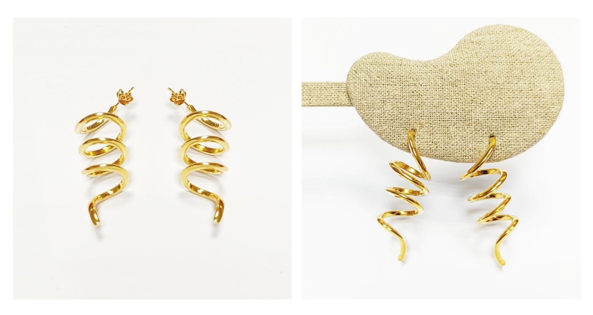 Drop Spiral earrings golden with 18K genuine gold plated, Long Spiral, Swirl Earrings, Dangle pendant earrings, Long Dangle Earrings Plated