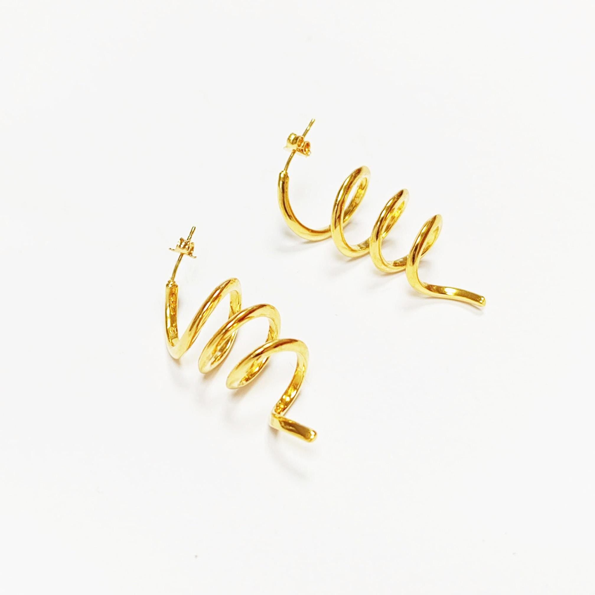 Drop Spiral earrings golden with 18K genuine gold plated, Long Spiral, Swirl Earrings, Dangle pendant earrings, Long Dangle Earrings Plated