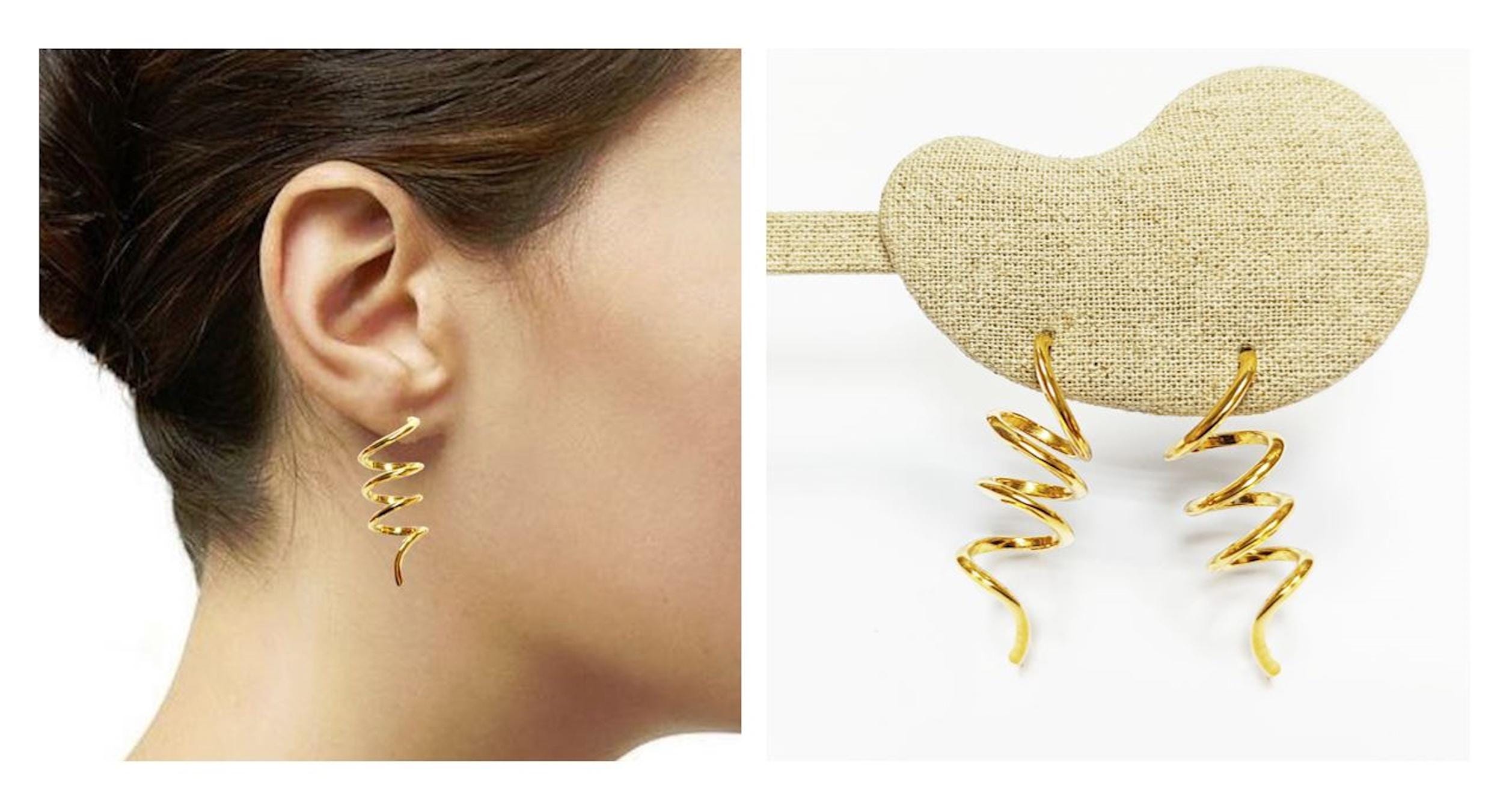 Drop Spiral earrings golden with 18K genuine gold plated, Long Spiral, Swirl Earrings, Dangle pendant earrings, Long Dangle Earrings Plated