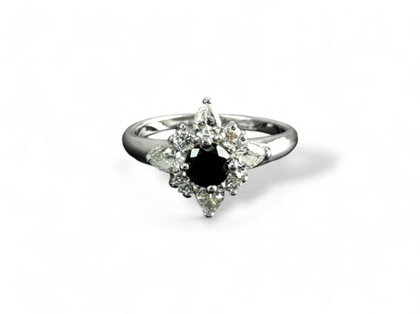 925 Sterling Silver Black North Star Ring, Pave CZ Cluster, Modern White and Black Stone Ring