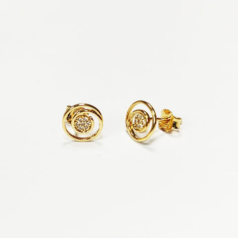 Golden Spiral Earrings, Genuine 18K Gold Plated, white Sparkling Cz stones, Coil Design Stud Earrings, Modern Swirl Loop Design Jewelry.