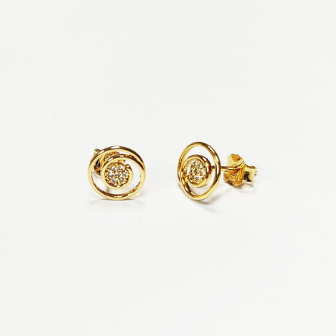 Golden Spiral Earrings, Genuine 18K Gold Plated, white Sparkling Cz stones, Coil Design Stud Earrings, Modern Swirl Loop Design Jewelry.