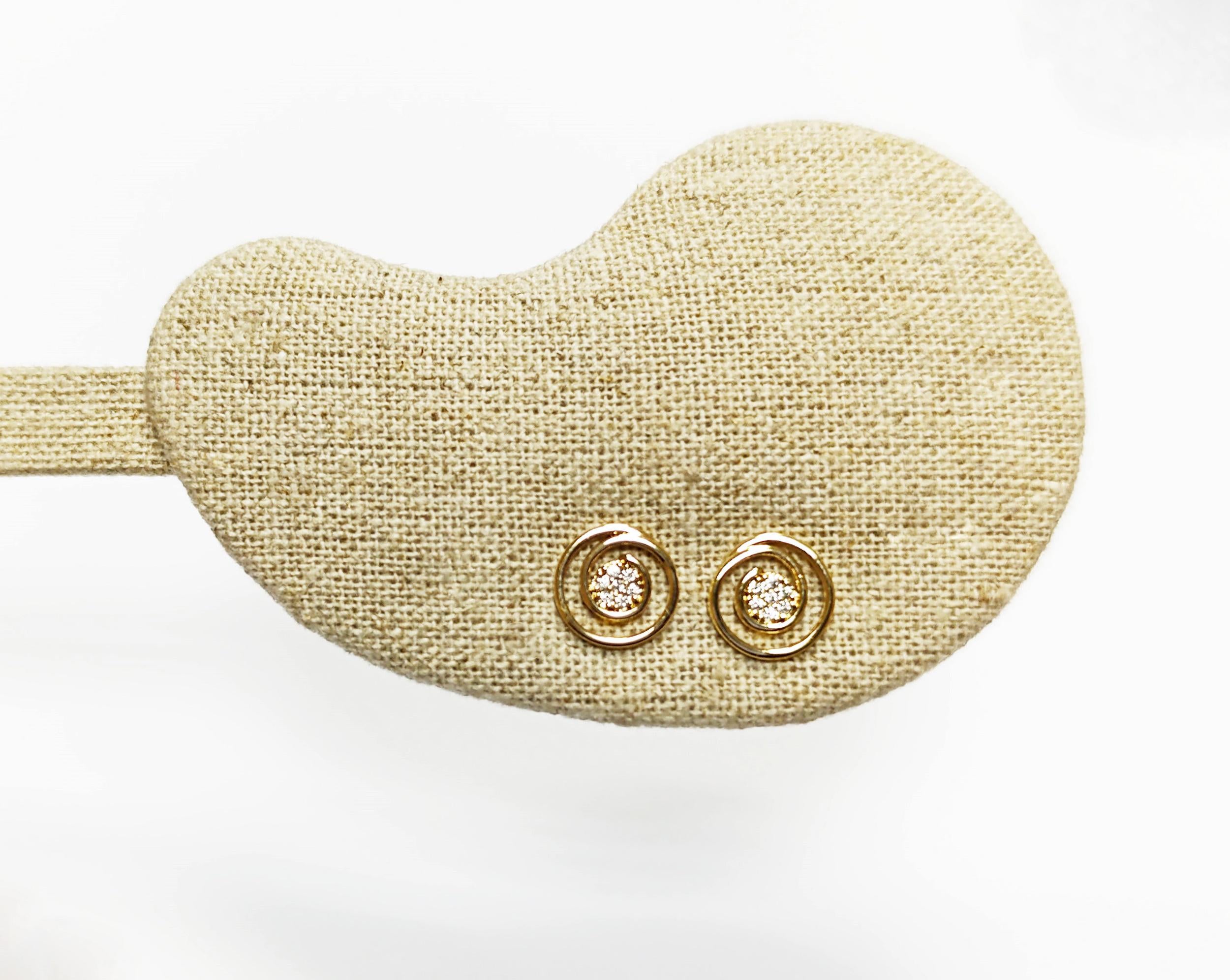 Golden Spiral Earrings, Genuine 18K Gold Plated, white Sparkling Cz stones, Coil Design Stud Earrings, Modern Swirl Loop Design Jewelry.